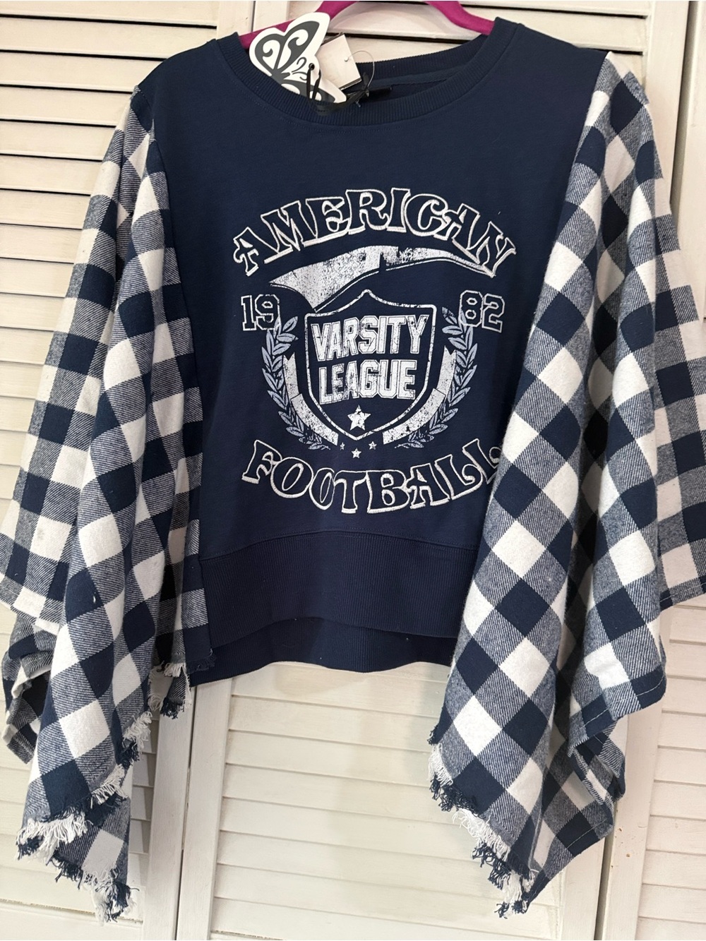 Varsity League Upcycled Cropped  Navy Sweatshirt with Plaid Sleeves sz s-Xl
